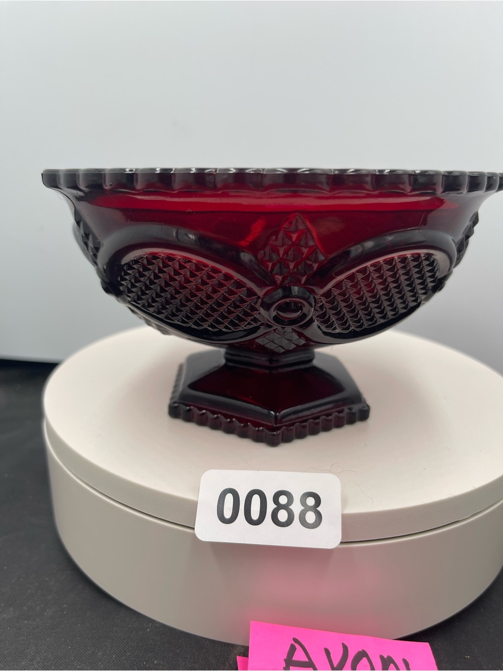 Avon Deep Red Glass Pedestal Candy Dish